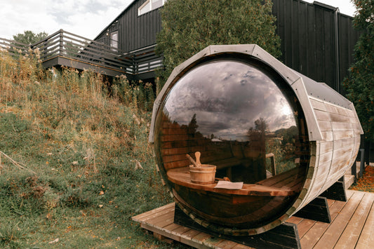 Finus Premium Outdoor traditional barrel sauna with tinted window